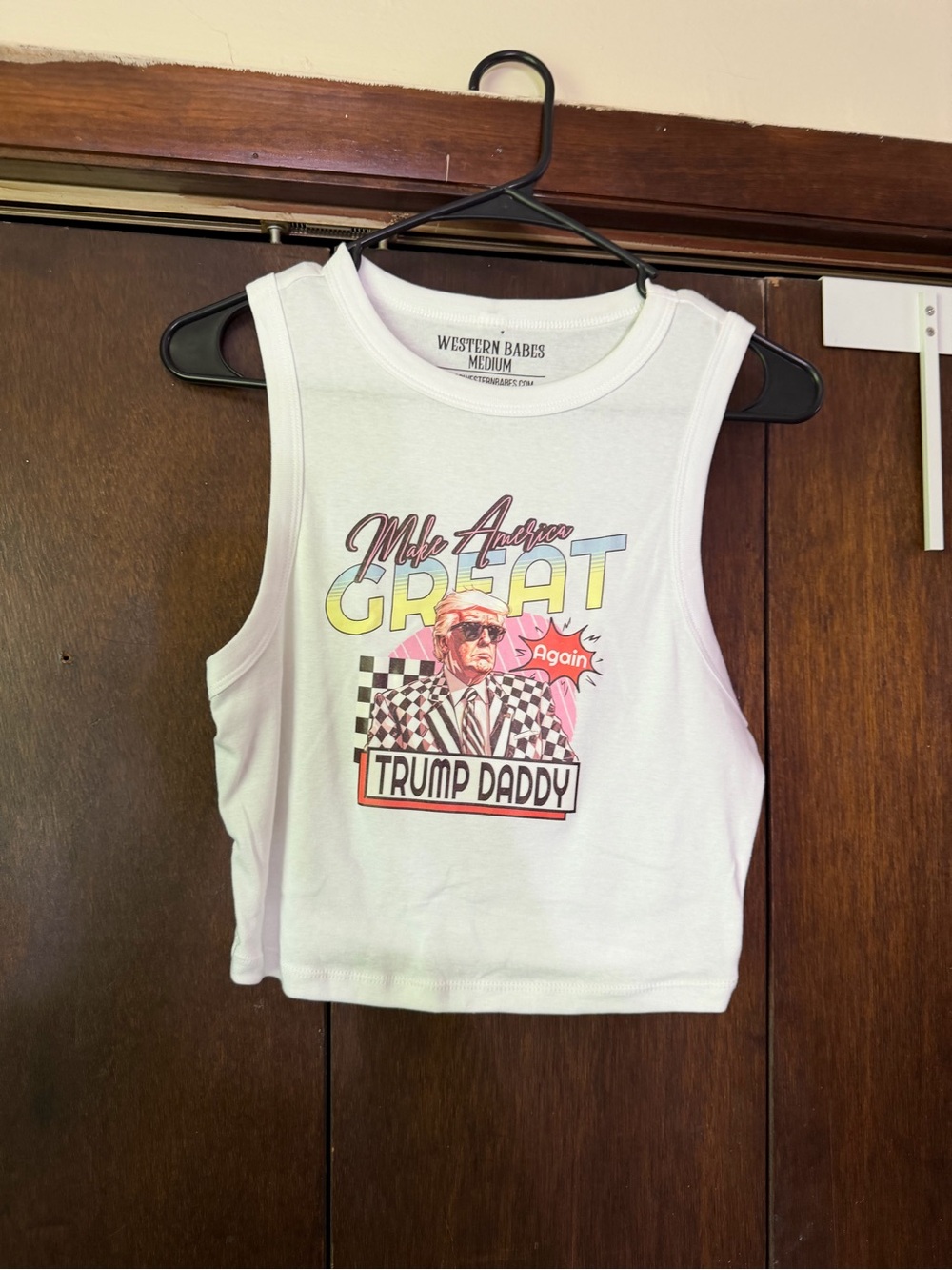 White Graphic Crop Tank Top with Retro Print